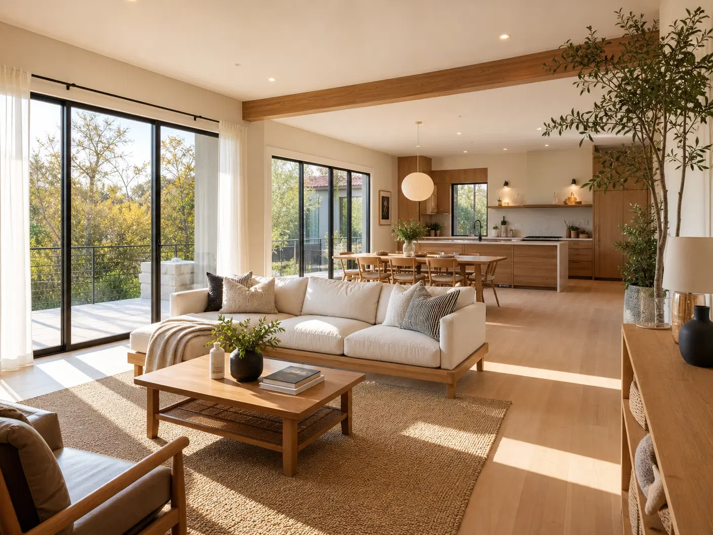 Interior of a modern Japandi inspired home with large windows and minimalist furniture.