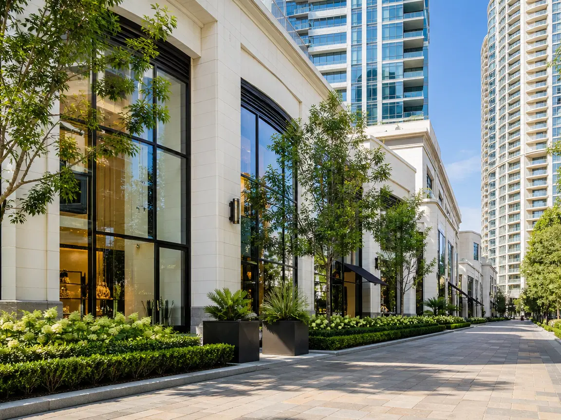 Upscale urban district with luxury boutiques and high-rise buildings.
