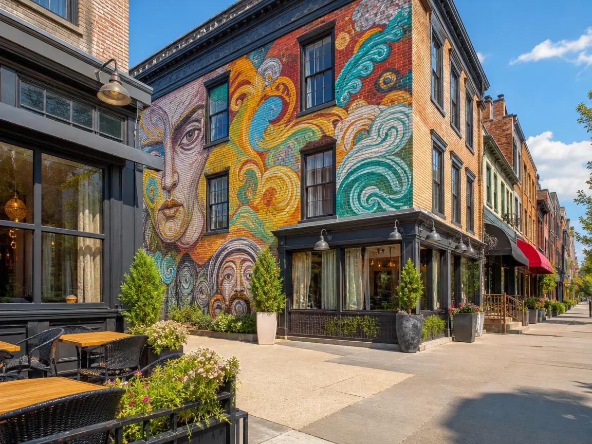 Vibrant urban neighborhood with colorful mural on a brick building and trendy cafes.