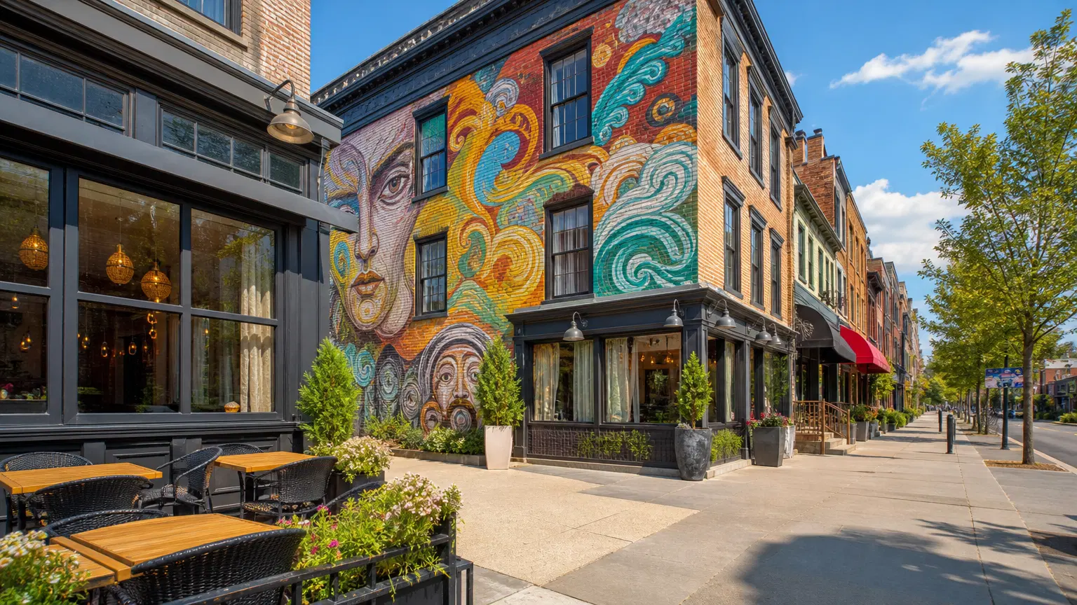 Vibrant urban neighborhood with colorful mural on a brick building and trendy cafes.