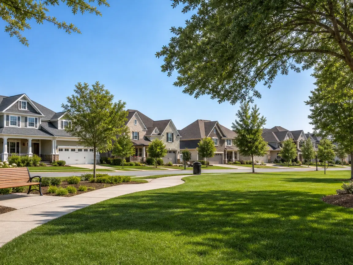 A peaceful suburban neighborhood with spacious homes, tree-lined streets, and a small park in the foreground.