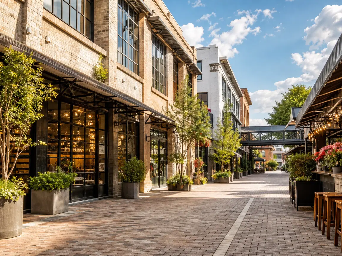 A trendy urban street scene with boutiques and outdoor dining areas, featuring potted plants and large windows.